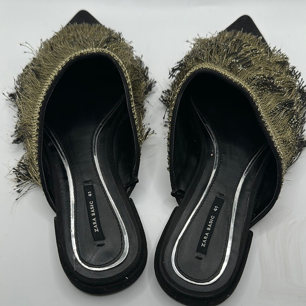 Zara Sz 11 Black Gold Metallic Fringe Mules with Distinctive Design - Picture 7 of 7